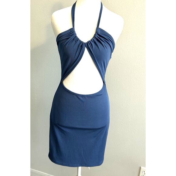 Women's Cutout Bodycon Dress Blue Ribbed Club Vacation Festival Fairy Retro MED - Picture 2 of 6